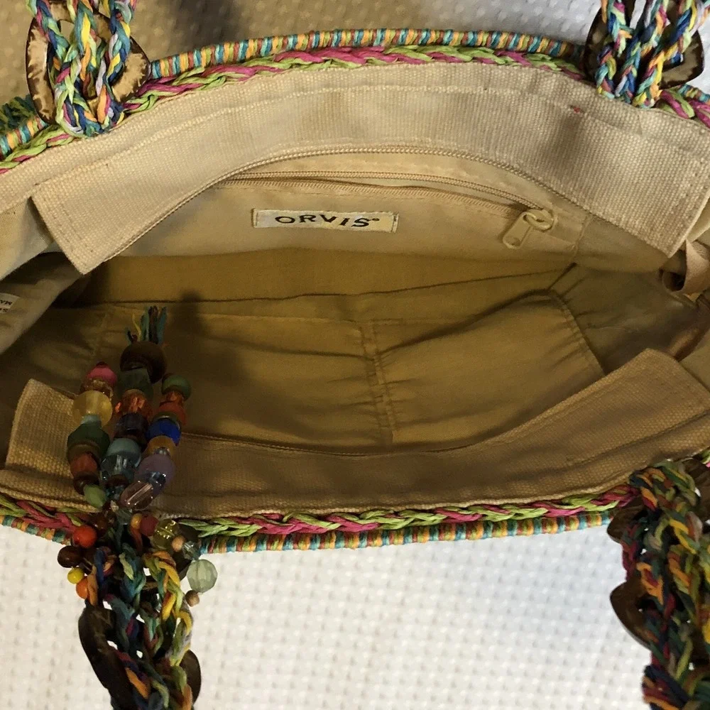 Orvis  - Tote/Bag - Multicolored - Woven Straw Shoulder Bag With Bead Ornaments